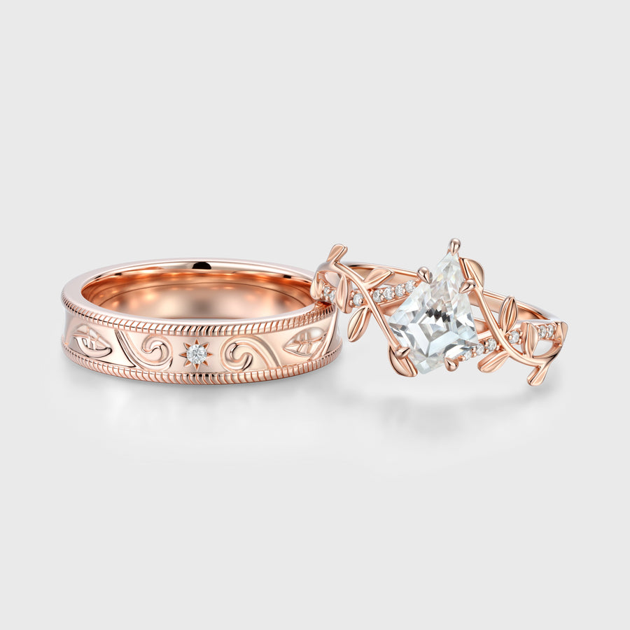 Forever Glow Moissanite Couple Rings |  D Color VVS1 | Rose Gold Leaf Wedding Bridal Set