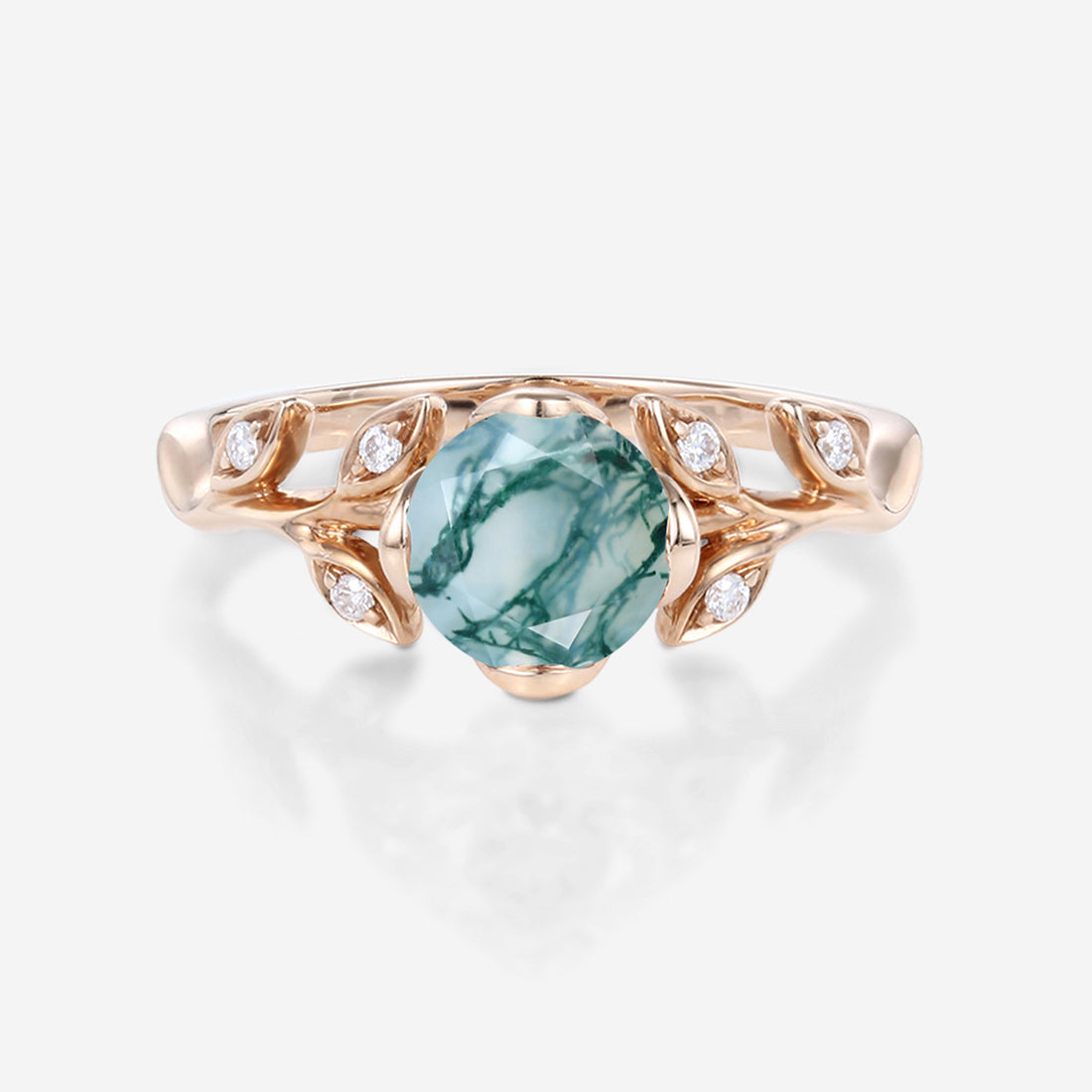 Nature Inspired Round cut Moss Agate Leaf Gold Engagement Ring