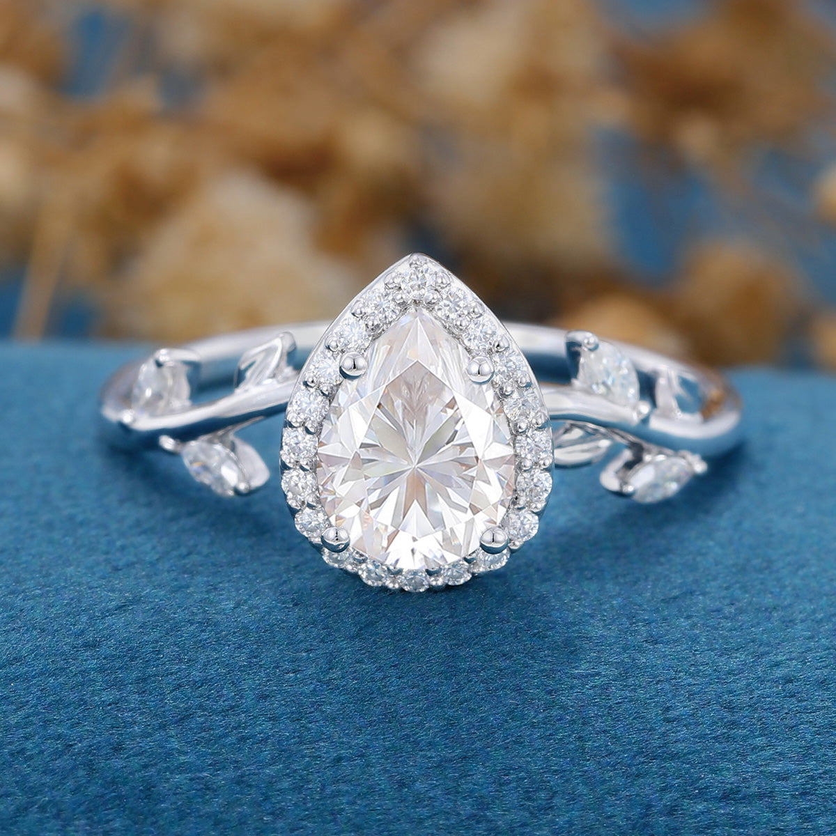 Pear cut Moissanite leaf Engagement Ring