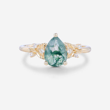 Pear cut Moss Agate Matching Mossanite | Diamonds Gold Engagement Ring