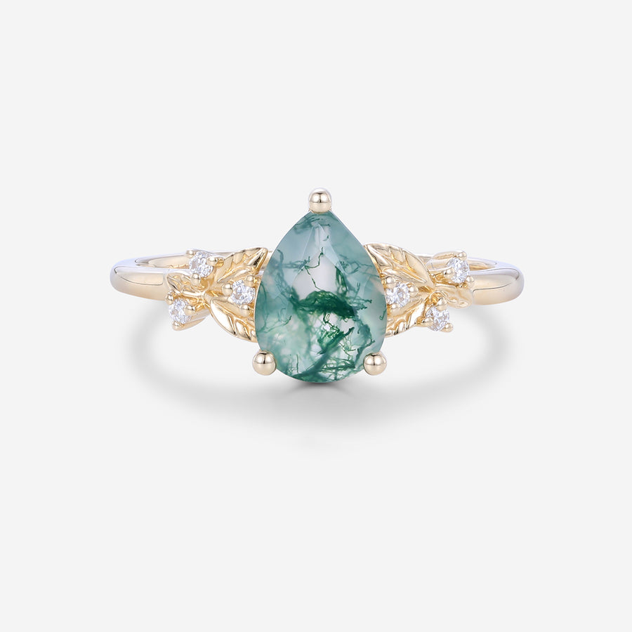 Pear cut Moss Agate Matching Moissanite | Diamonds Gold Engagement Ring