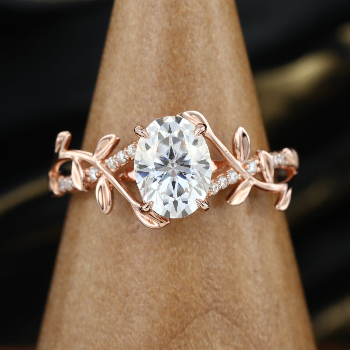 Nature Inspired Oval cut Moissanite Leaf Gold Engagement Ring