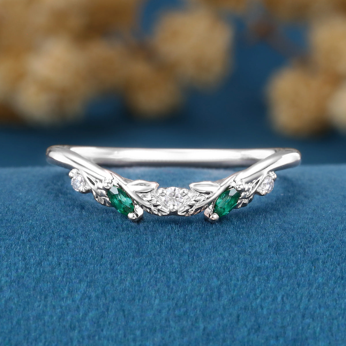Marquise Cut Lab Emerald + Diamonds Curved Wedding Band
