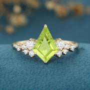 Kite Cut Olivine Cluster Engagement Ring