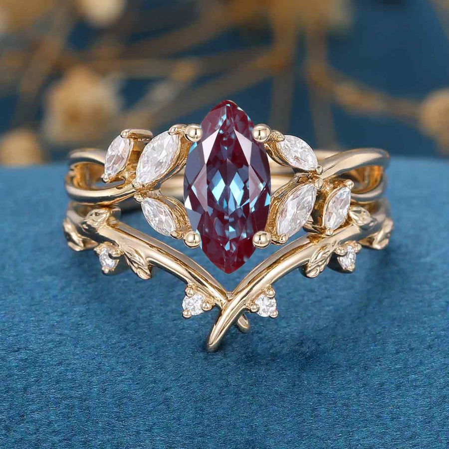 Marquise cut Lab Alexandrite | Diamond Engagement Ring Bridal Set