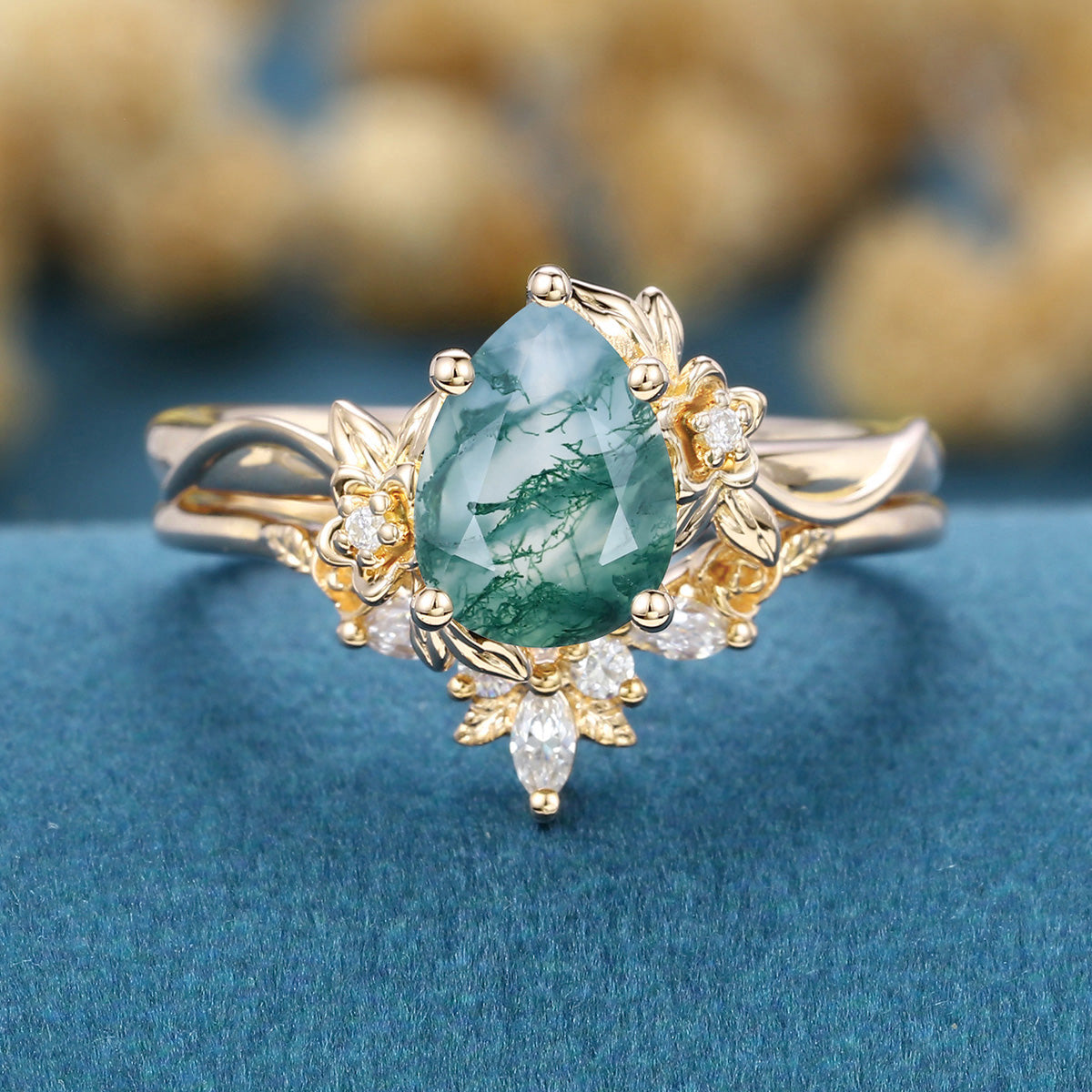 1.2Carat Pear Cut Moss Agate Cluster Engagement ring Bridal Set