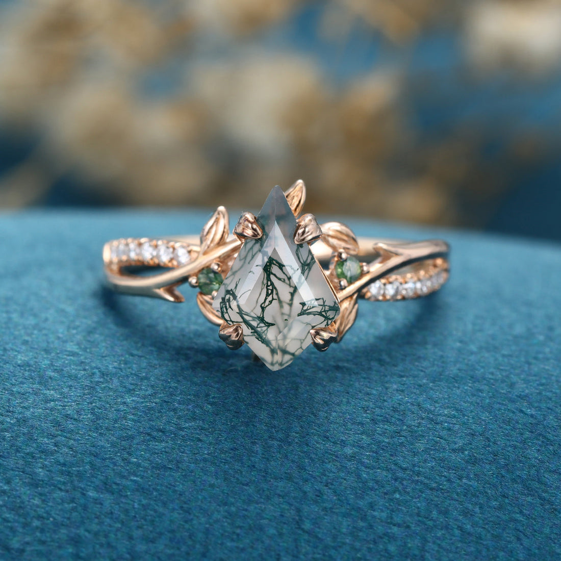 Nature Inspired Kite cut Moss Agate Gold Engagement Ring