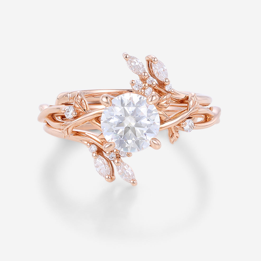 Nature Inspired Round cut Moissanite Leaf Gold ring set