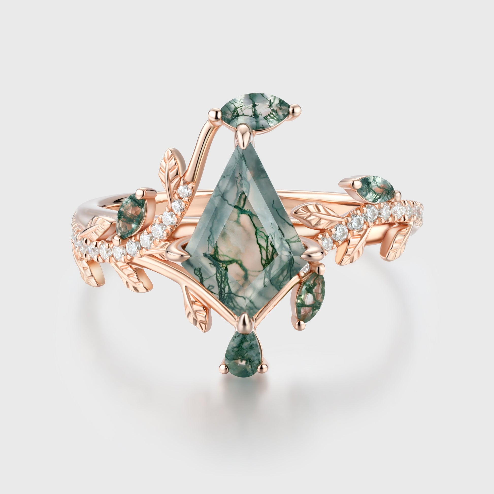 Nature Inspired Kite cut Moss Agate Leaf Gold Engagement Ring