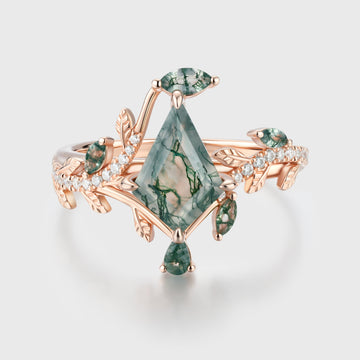 Nature Inspired Kite cut Moss Agate Leaf Gold Engagement Ring