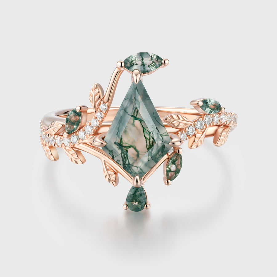 Nature Inspired Kite cut Moss Agate Leaf Gold Engagement Ring