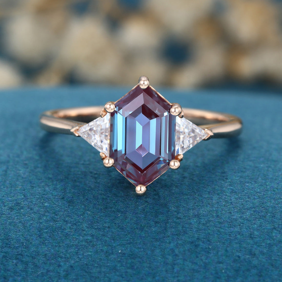 Hexagon cut Lab Alexandrite Solid Gold Engagement Ring