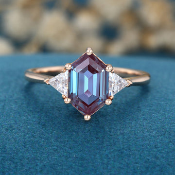 Hexagon cut Lab Alexandrite Solid Gold Engagement Ring