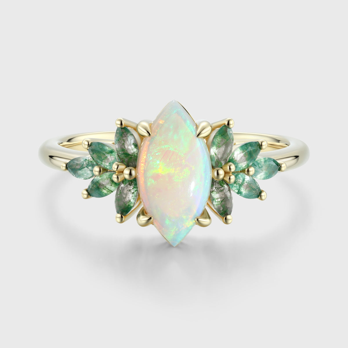 Marquise cut Opal Cluster Moss Agate Engagement Ring