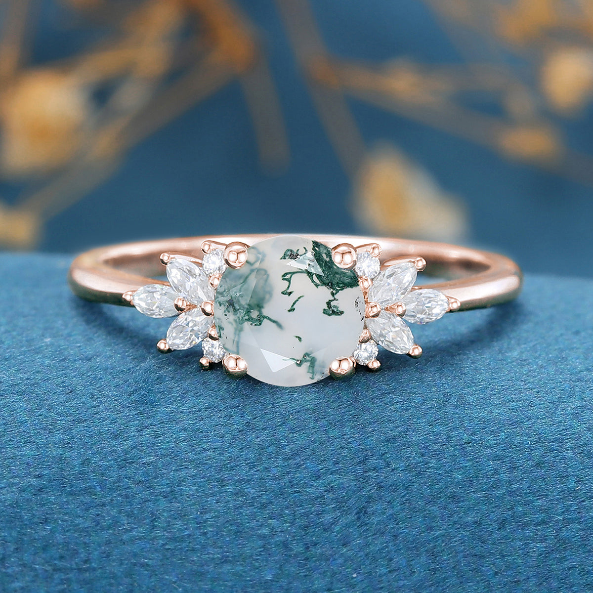 Round Cut Natural Green Moss Agate Cluster Engagement Ring 