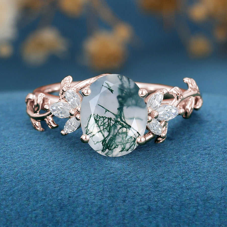 3Carat Natural Moss Agate Oval cut cluster Engagement Ring 