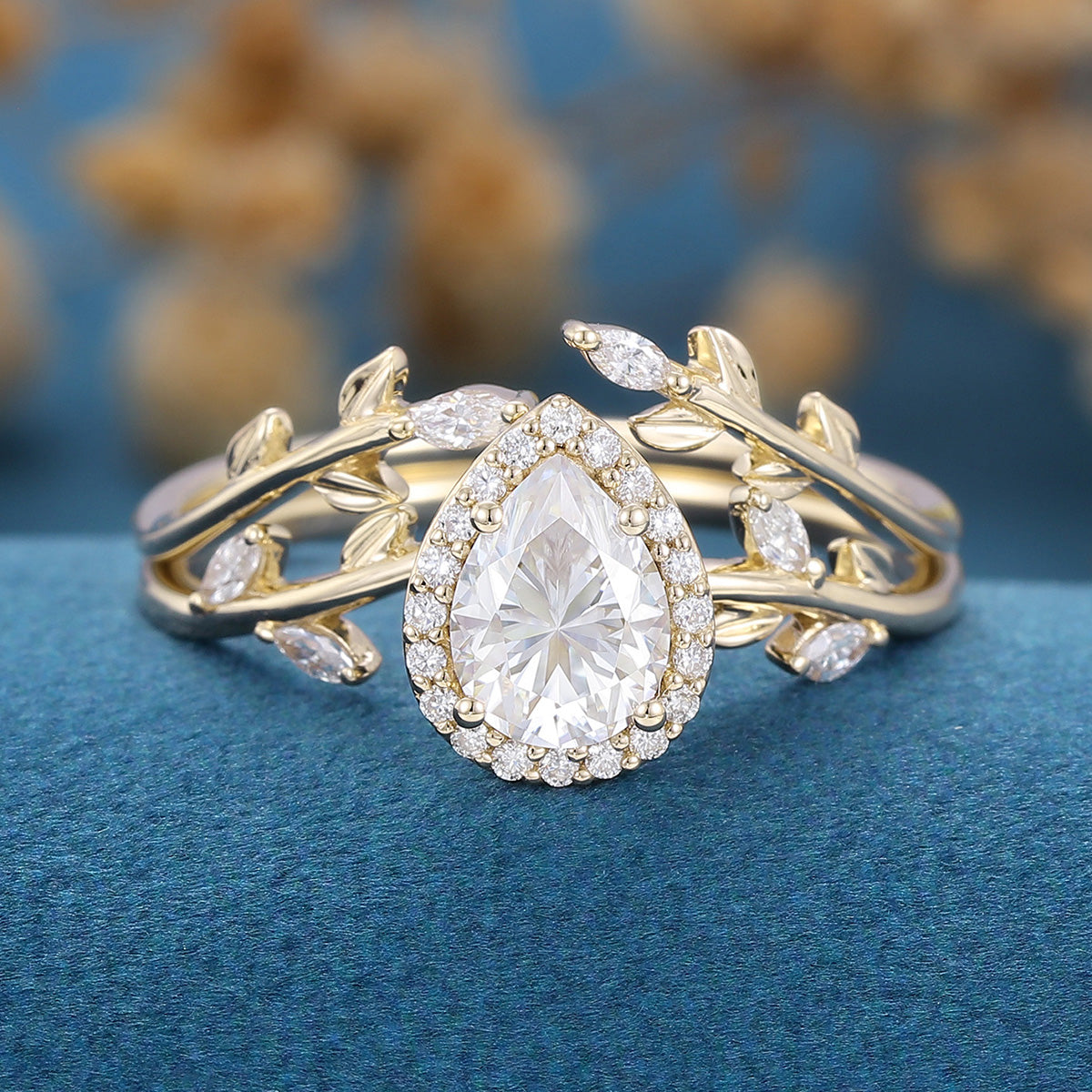1.25 Carat Pear cut Moissanite leaf Engagement ring Bridal Set