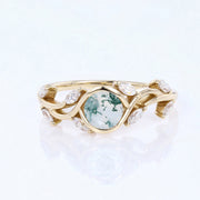 Nature Inspired Round cut Moss Agate Leaf Gold Engagement Ring