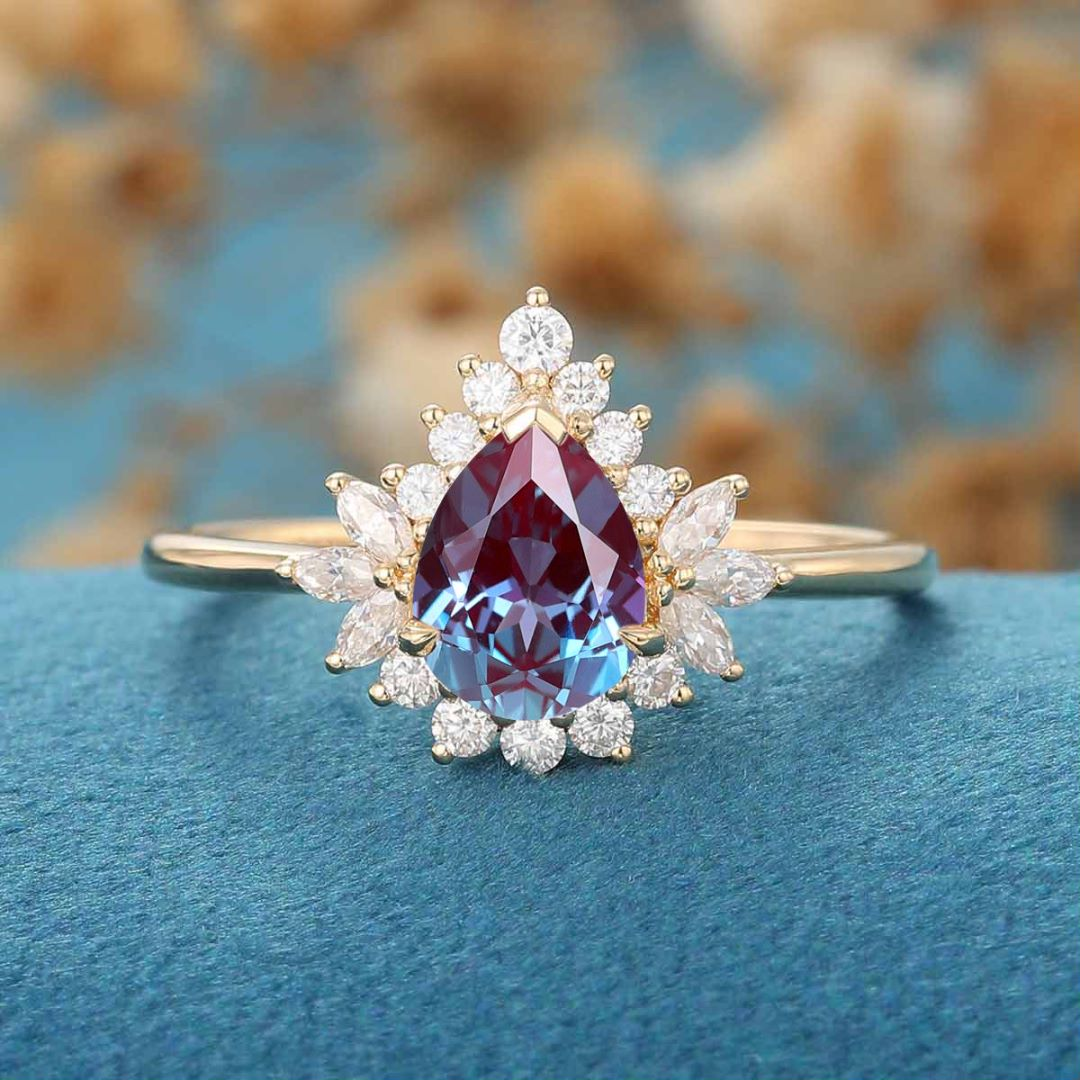 Pear cut Lab Alexandrite | Diamond Engagement ring