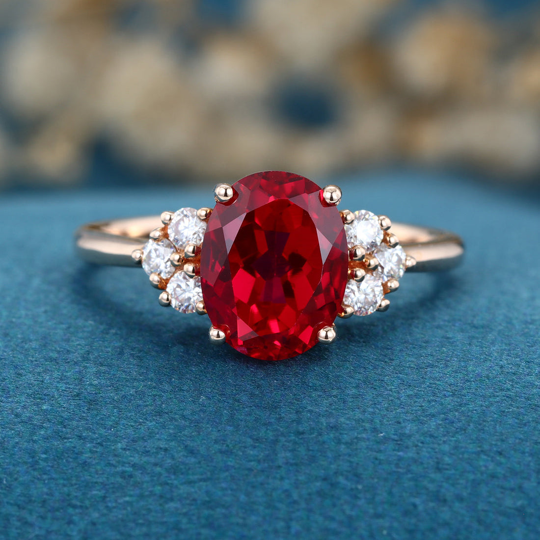 Oval cut Lab Ruby Solid Gold Engagement Ring