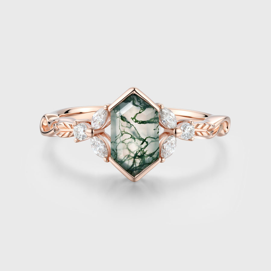 Long Hexagon cut Moss Agate Damonds Leaf Gold Engagement Ring