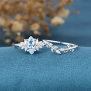 Marquise cut Aquamarine Cluste Engagement ring Bridal Set