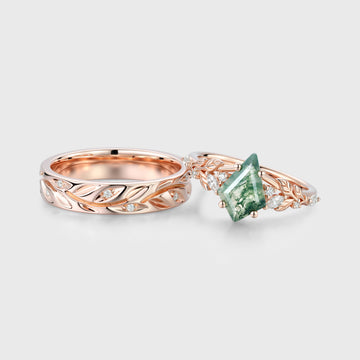 Forever Glow Moss Agate Couple Rings | Rose Gold Leaf Wedding Bridal Set