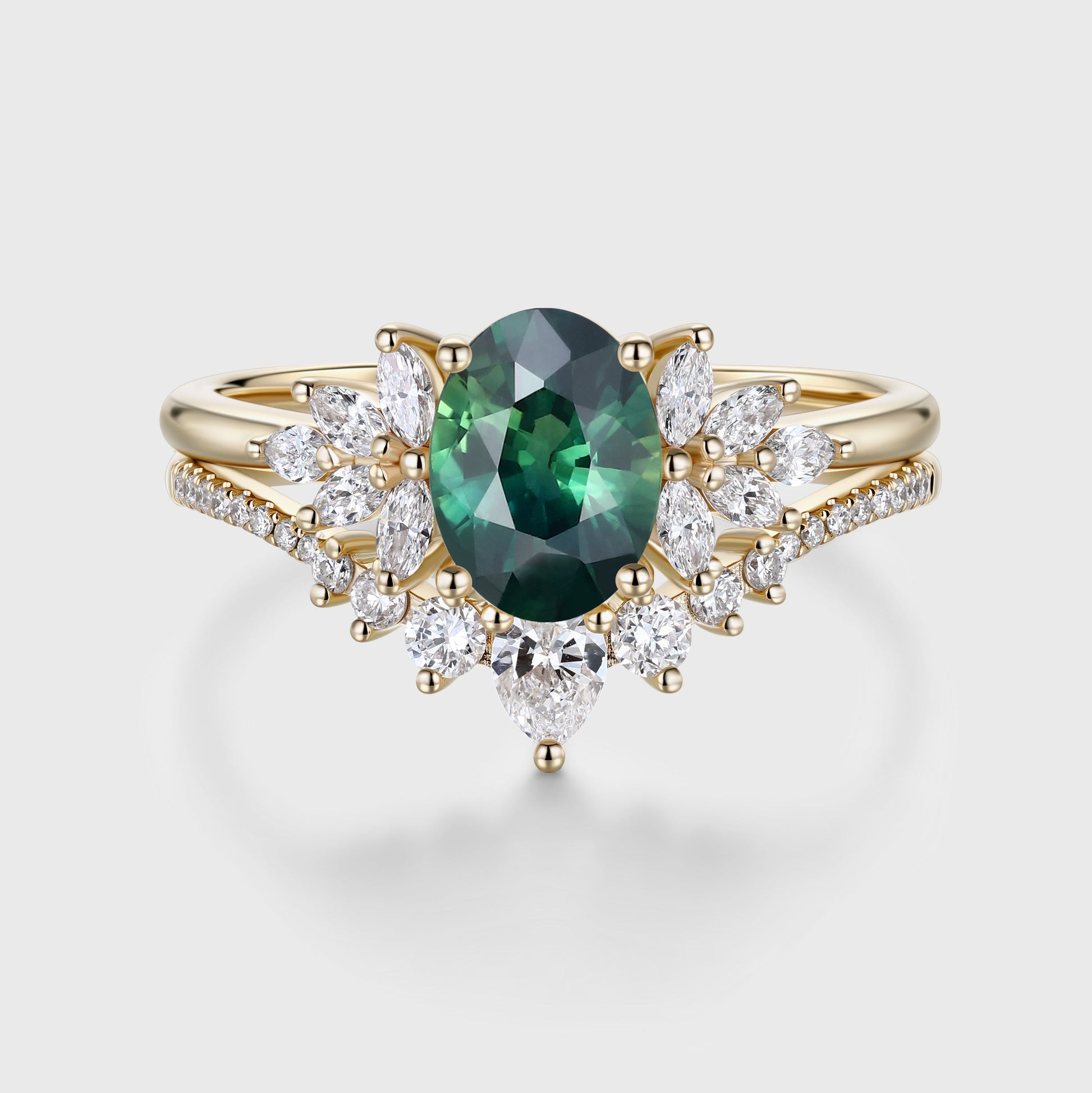 1.5Carat Oval Blue green sapphire Engagement ring Bridal Set