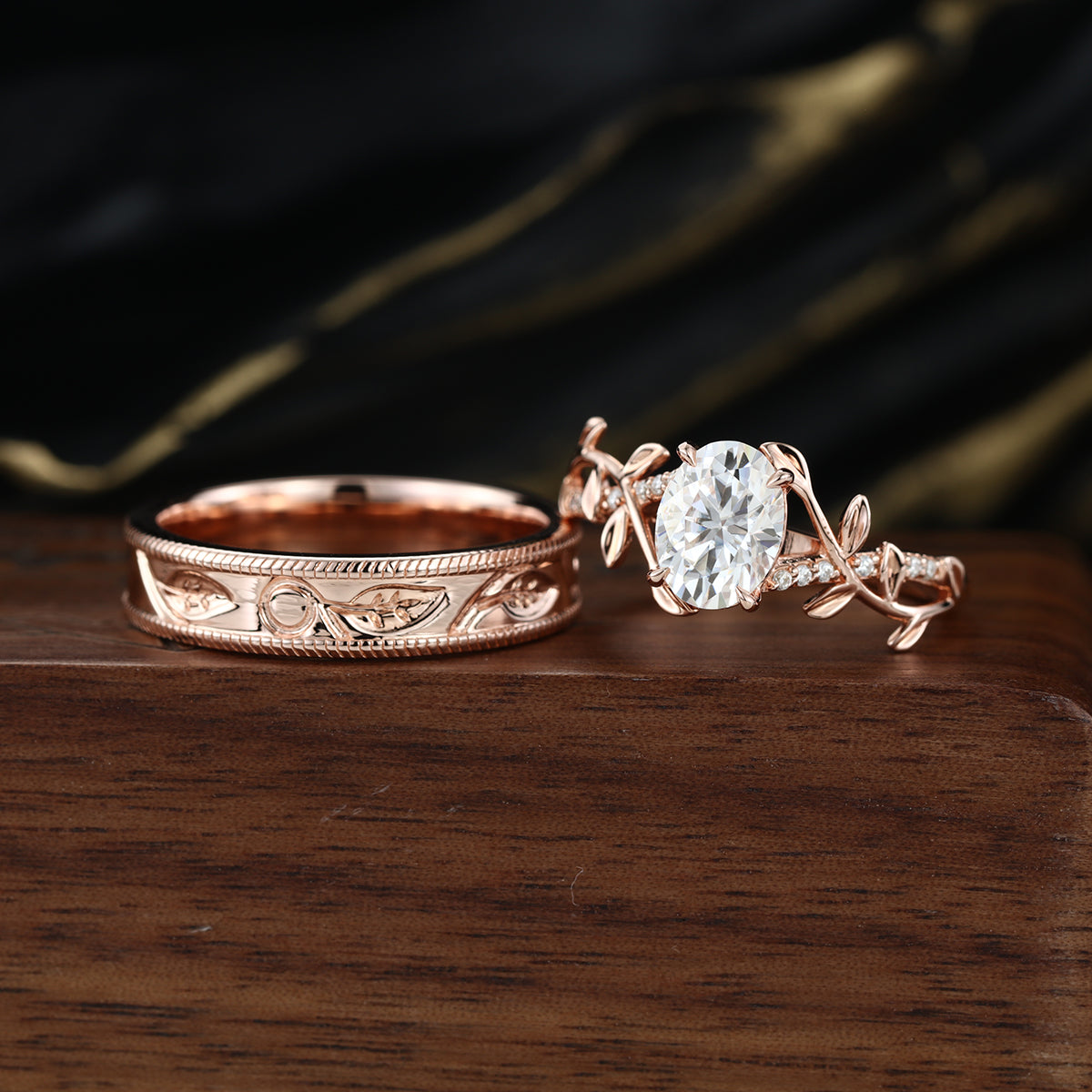 Nature Inspired Oval cut Moissanite Leaf Gold Engagement Ring