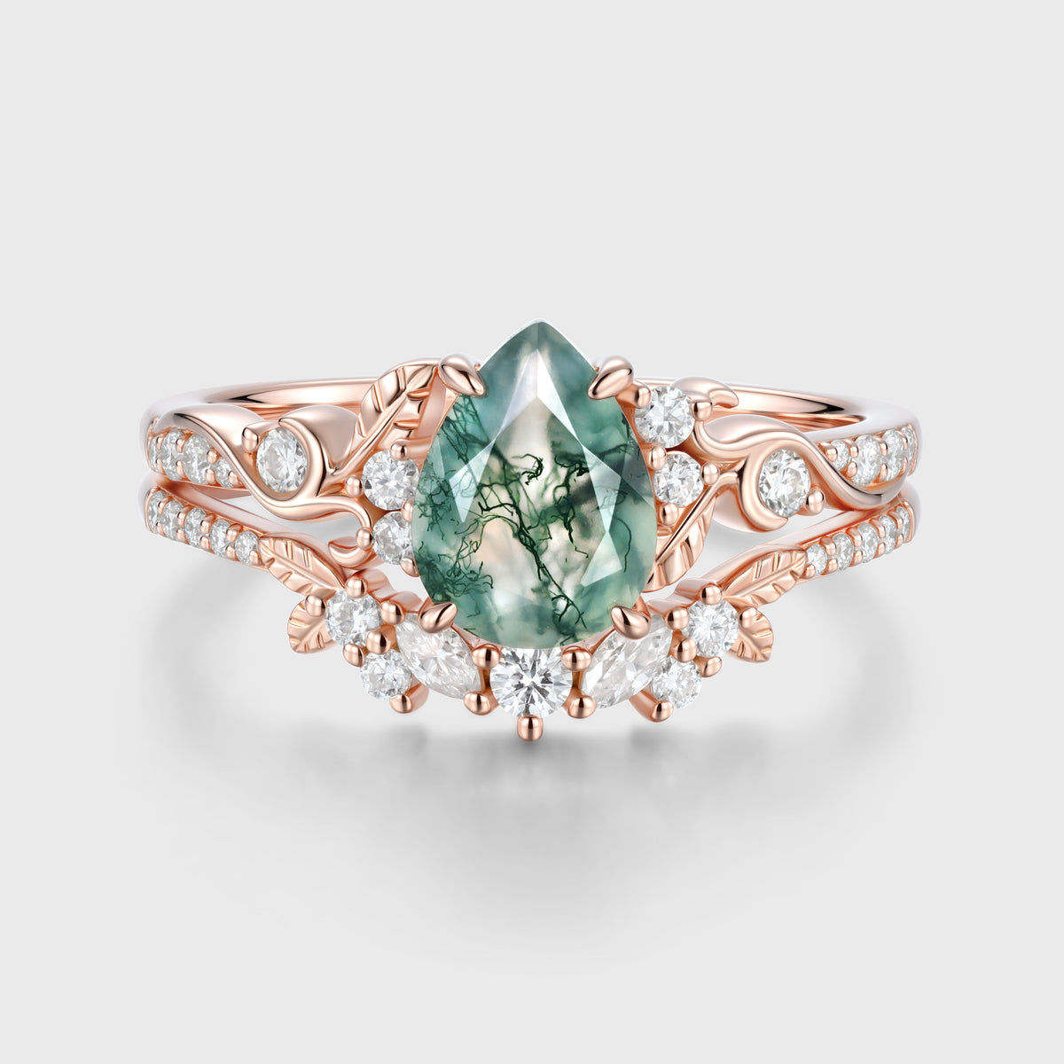 Pear cut Moss Agate Leaf‑Vine Bridal Set