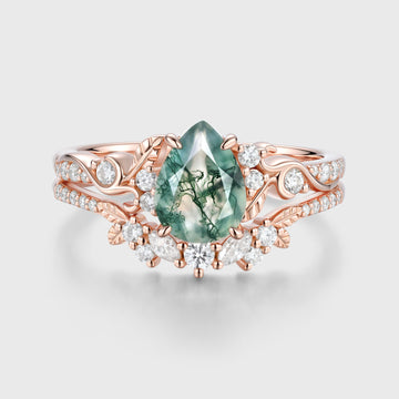 Pear cut Moss Agate Leaf‑Vine Bridal Set