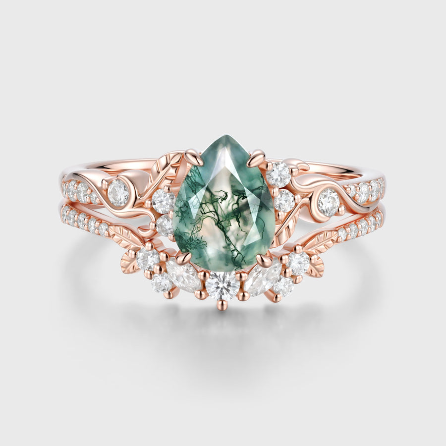 Pear cut Moss Agate Leaf‑Vine Bridal Set