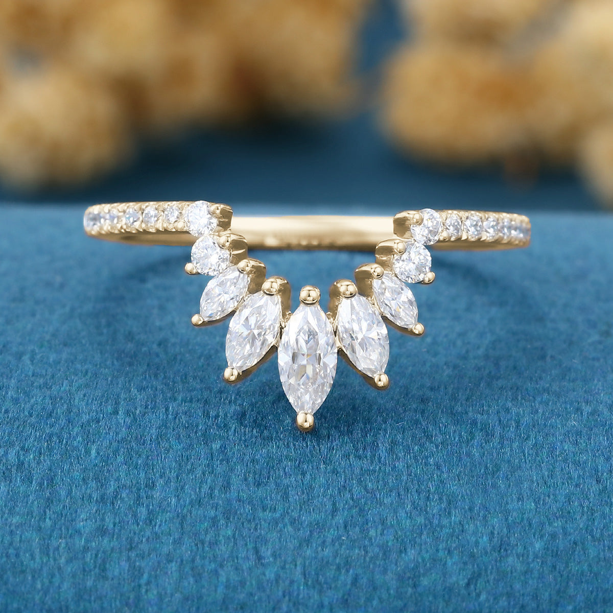 Marquise cut Moissanite  Half Eternity Diamonds Curved Wedding Band