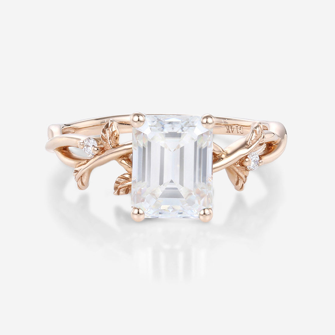 Nature Inspired Emerald cut Moissanite Leaf Gold Engagement Ring