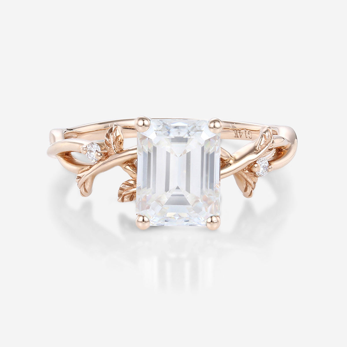 Nature Inspired Emerald cut Moissanite Leaf Gold Engagement Ring