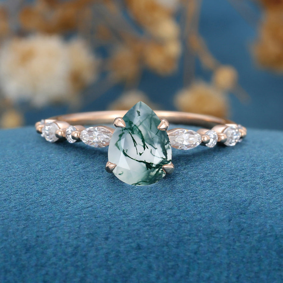 Natural Green Moss Agate pear cut cluster Engagement Ring 