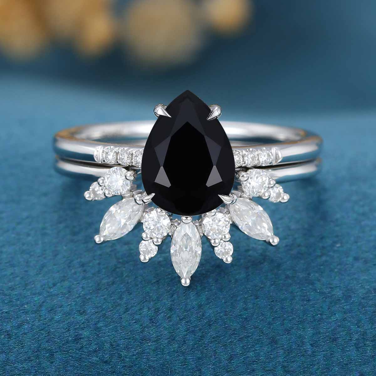 Pear Black Onyx Halo Diamond Engagement Ring Bridal Set