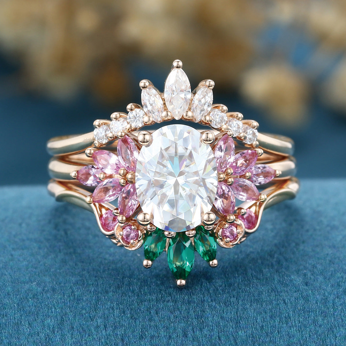 Oval cut Moissanite Matching Diamonds | Lab Grown Emerald |  Natural Pink Sapphires  Rose Gold Wedding Bridal Set