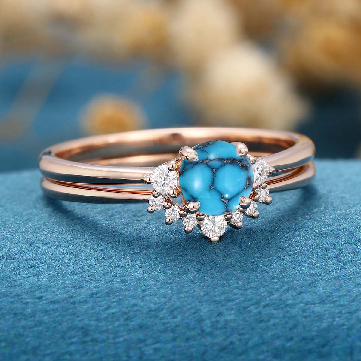 Round  cut Turquoise Cluster Engagement ring Bridal Set