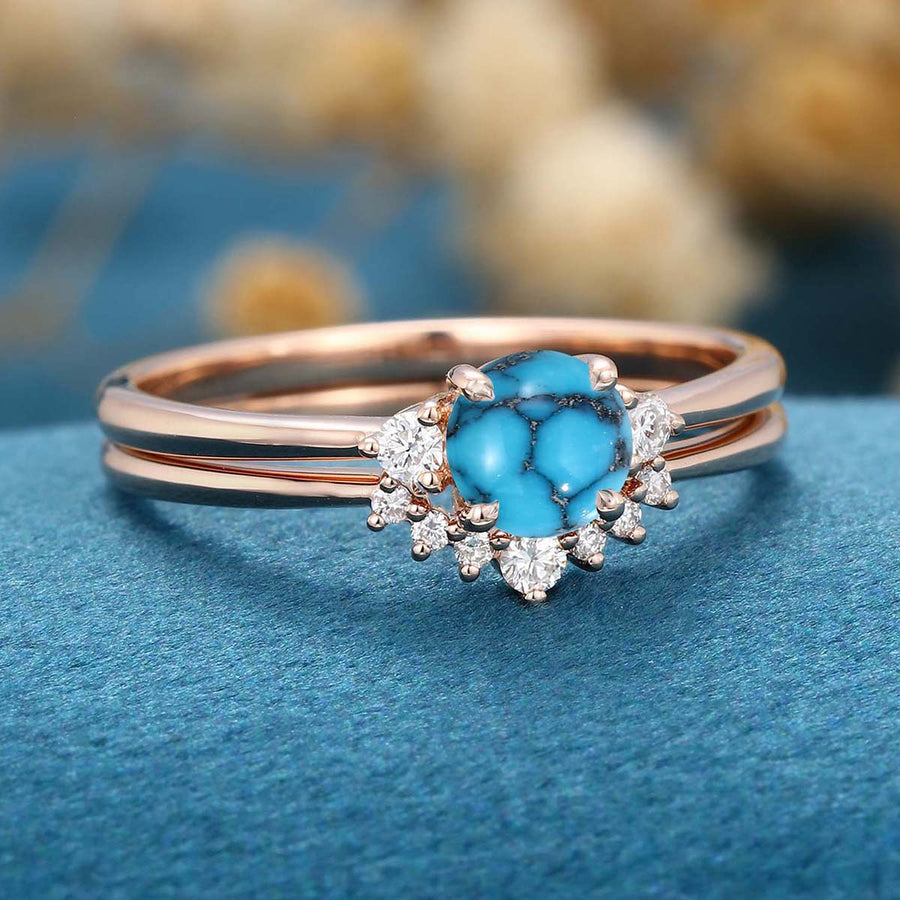 Round  cut Turquoise Cluster Engagement ring Bridal Set