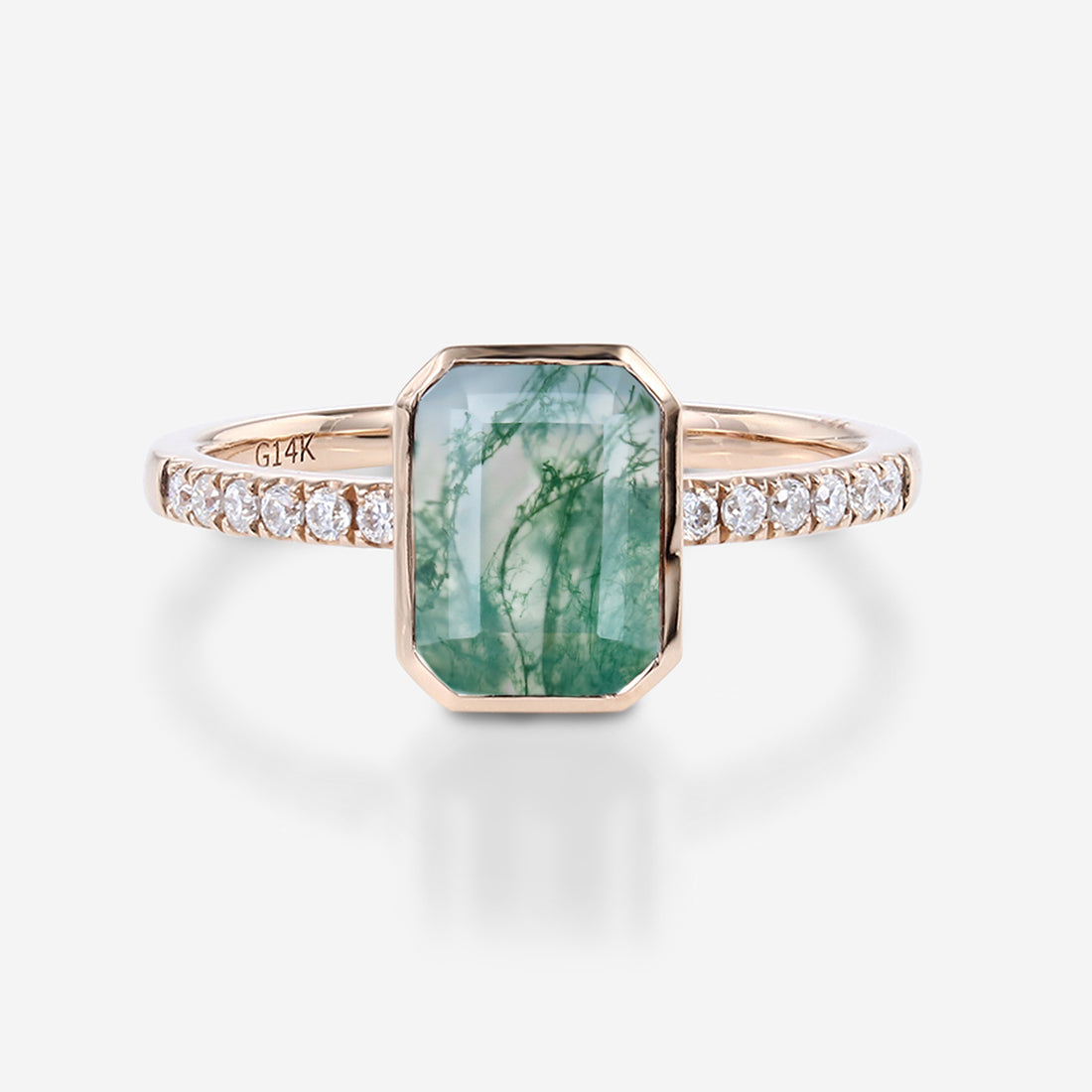 Bezel setting Emerald cut Moss Agate Half Eternity  Moissanite | Diamond Gold Engagement Ring