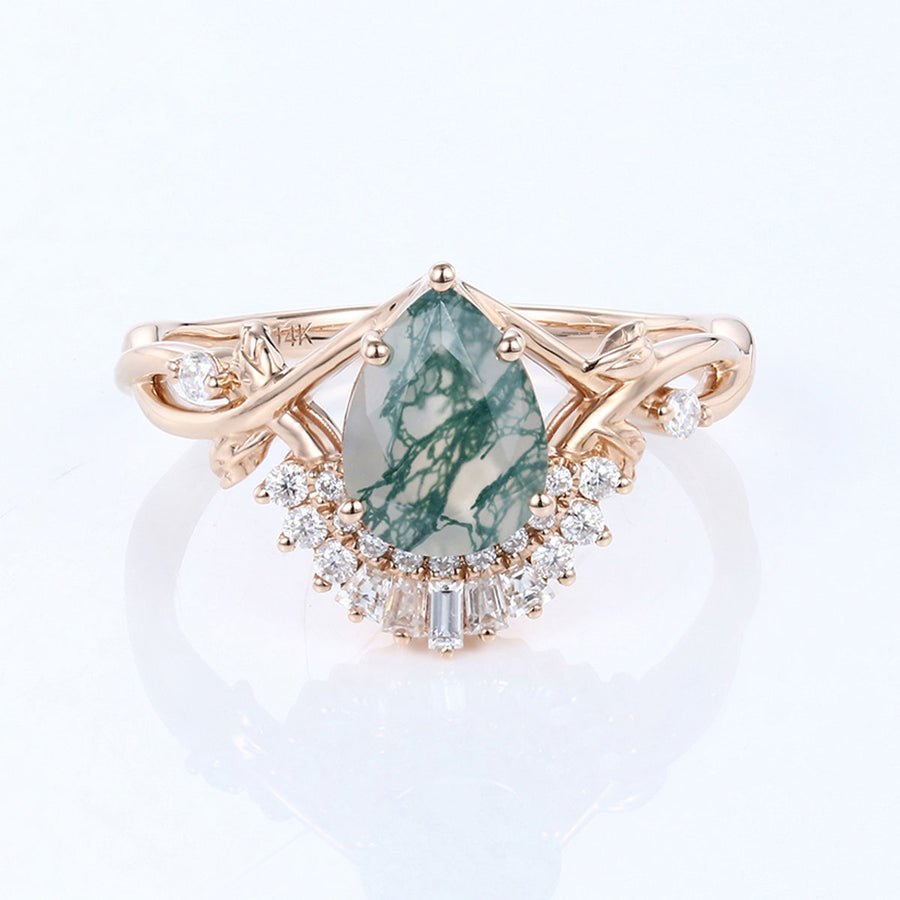 Nature Inspired Pear cut Moss Agate Leaf Gold Engagement Ring