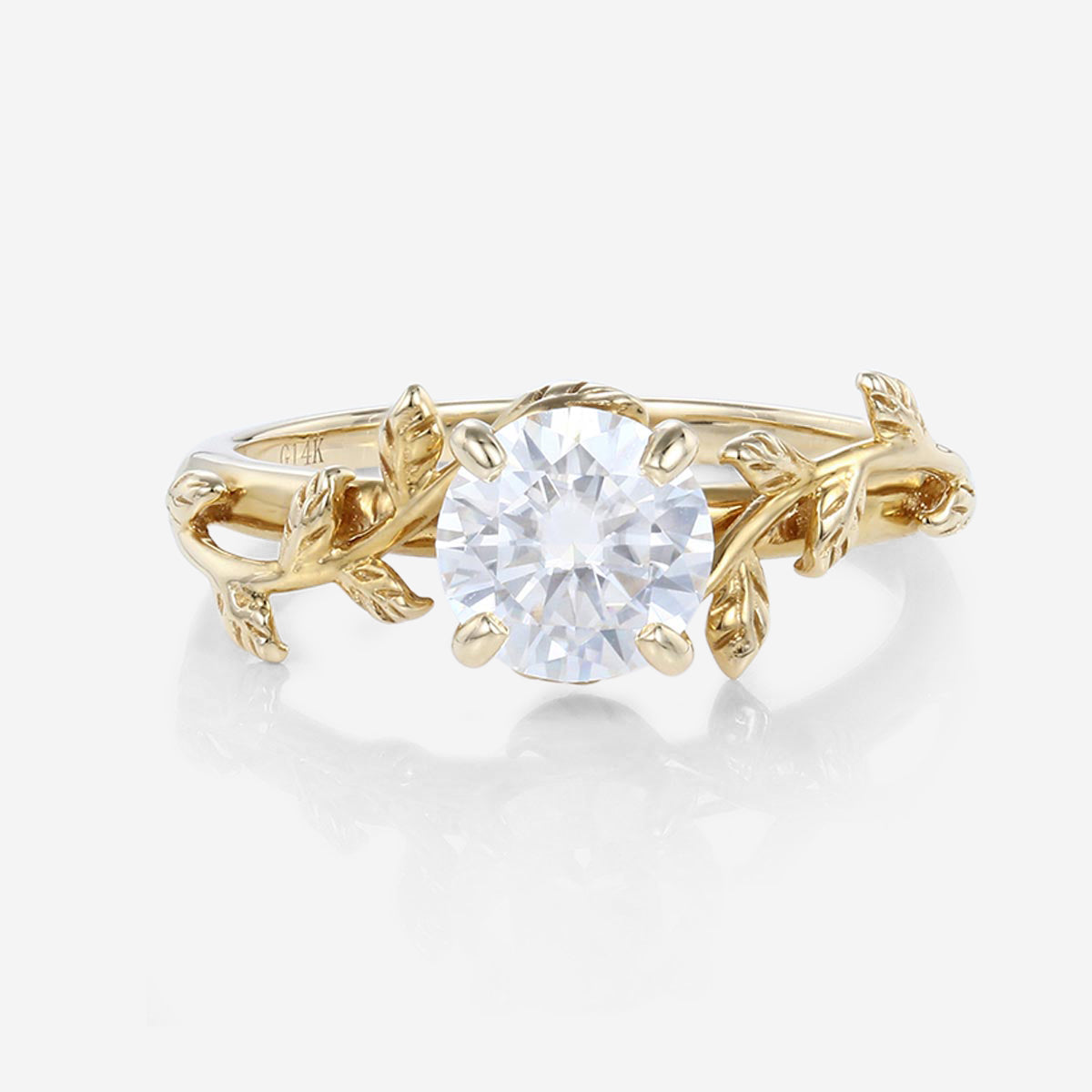 Nature Inspired Round cut Moissanite Leaf Gold Engagement Ring