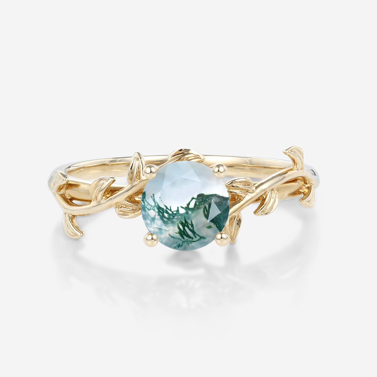 Nature Inspired Round cut Moss Agate Leaf Gold Engagement Ring