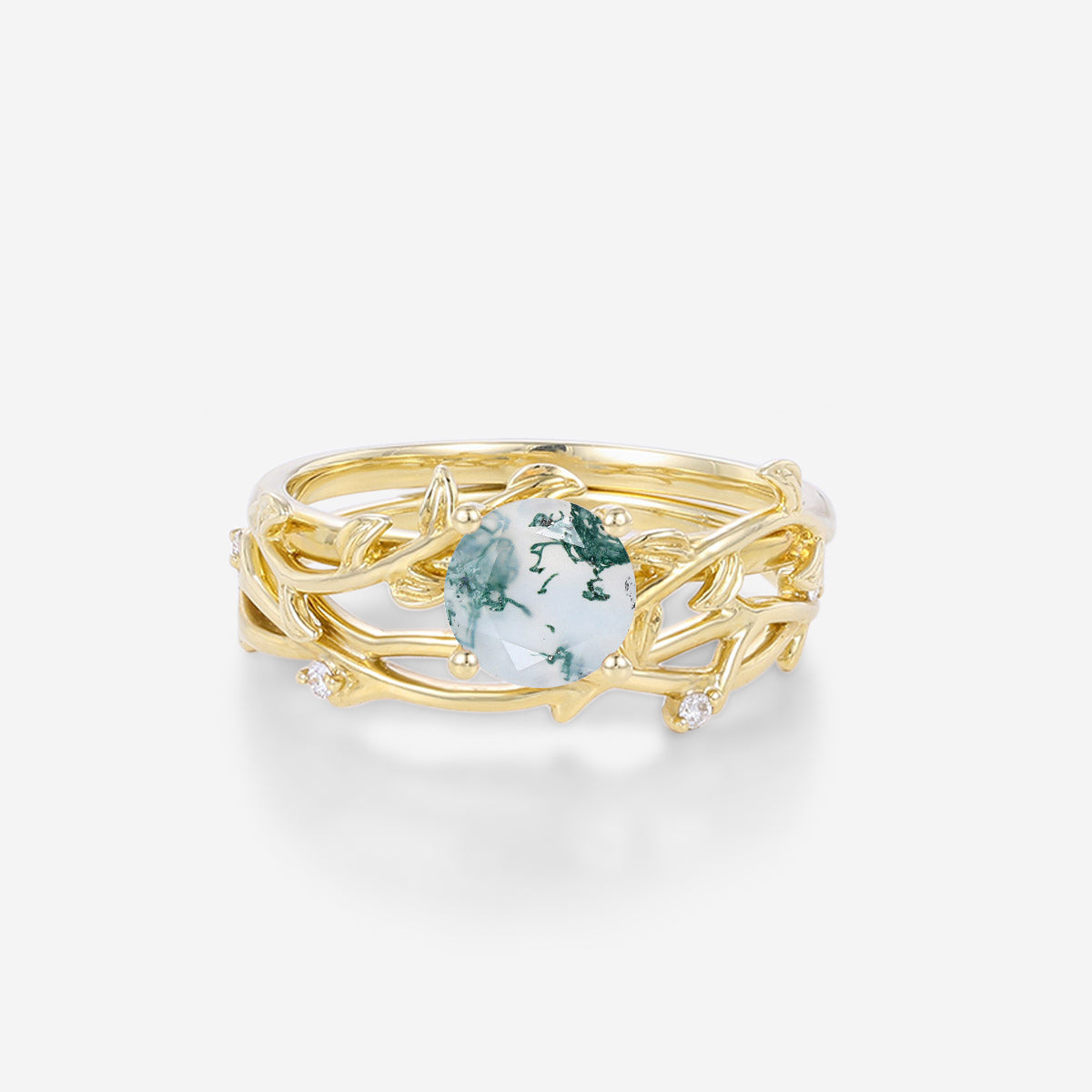 Nature Inspired Round cut Moss Agate Leaf Gold ring set