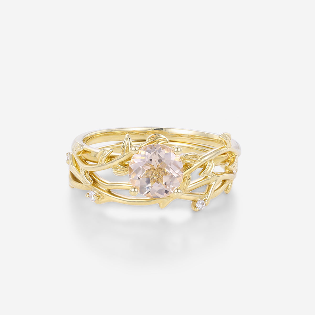 Nature Inspired Round cut Morganite Leaf Gold ring set