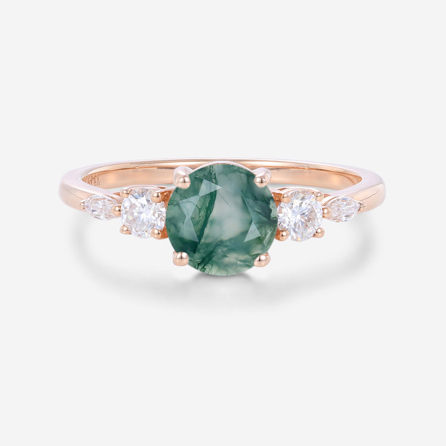 Round Cut Natural Green Moss Agate Cluster Engagement Ring