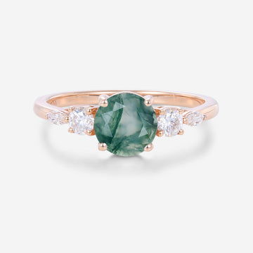 Round Cut Natural Green Moss Agate Cluster Engagement Ring