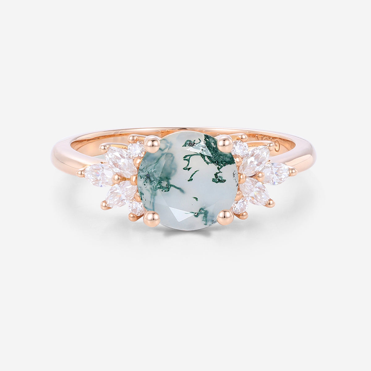 Round Cut Natural Green Moss Agate Cluster Engagement Ring