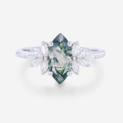 Marquise Cut Natural Green Moss Agate Cluster Engagement Ring